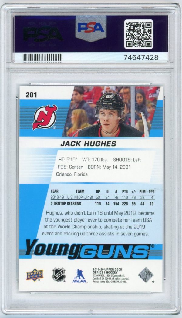 Jack Hughes 2019-20 Upper Deck Young Guns Rookie Card #201 PSA 10