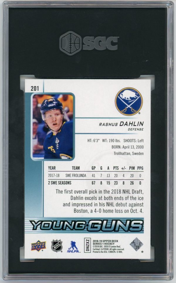 Rasmus Dahlin 2018-19 Upper Deck Young Guns RC #201 SGC 10