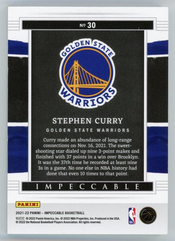 Steph Curry 2021-22 Impeccable Fine Silver 1 Troy Ounce 11/20 #30