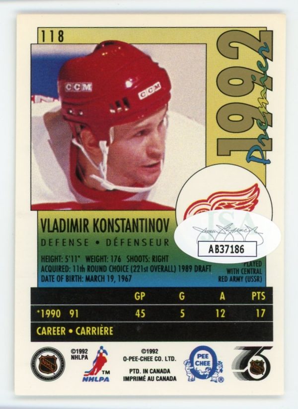 Vladimir Konstantinov 1992-93 O-Pee-Chee Premier Auto JSA Cert