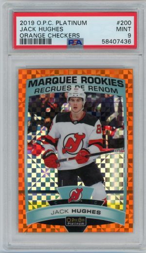 Jack Hughes 2019-20 OPC Platinum Orange Checkers Marquee Rookies 11/25 #200 PSA 9 POP 3