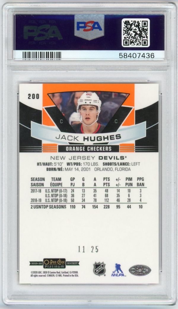 Jack Hughes 2019-20 OPC Platinum Orange Checkers Marquee Rookies 11/25 #200 PSA 9 POP 3