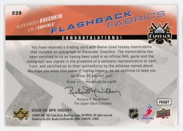 Alexander Ovechkin 2008-09 SPx Flashback Fabrics Jersey Auto #239