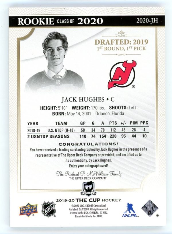 Jack Hughes 2019-20 The Cup Rookie Class Of 2020 Auto /75 RC #2020-JH