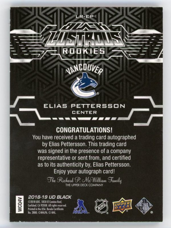 Elias Pettersson 2018-19 UD Black Lustrous Rookies Auto RC #LR-EP