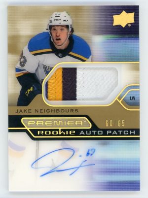 Jake Neighbours 2021-22 UD Premier Rookie Auto Patch Gold 60/65 #AR-JN