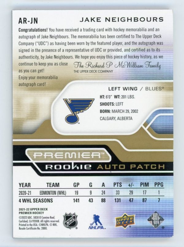 Jake Neighbours 2021-22 UD Premier Rookie Auto Patch Gold 60/65 #AR-JN