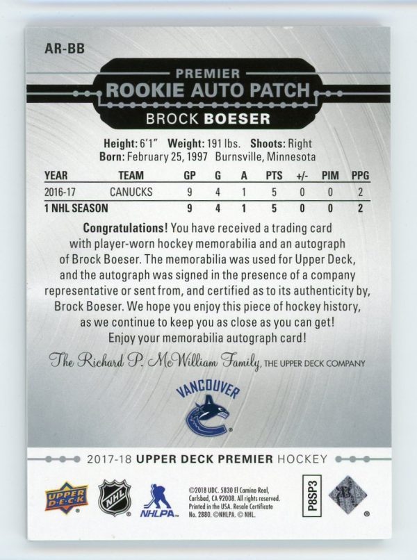 Brock Boeser 2017-18 UD Premier Rookie Patch Auto 195/199 #AR-BB