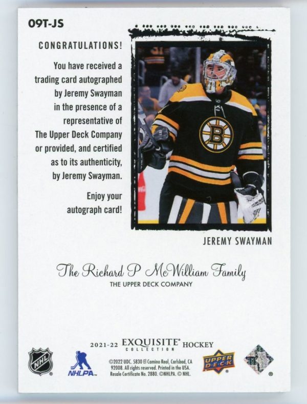 Jeremy Swayman 2021-22 Exquisite Tribute Rookie Auto /49 #09T-JS