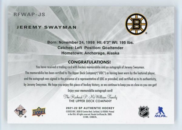 Jeremy Swayman 2021-22 SP Authentic Retro Future Watch Auto Patch 49/99 #RFWAP-JS