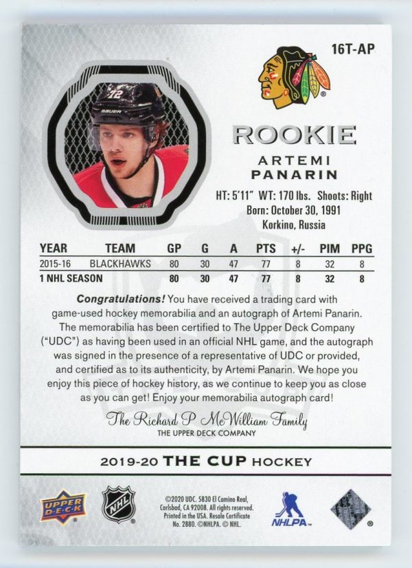 Artemi Panarin 2019-20 The Cup '16-'17 Tribute RPA 10/10 #16T-AP