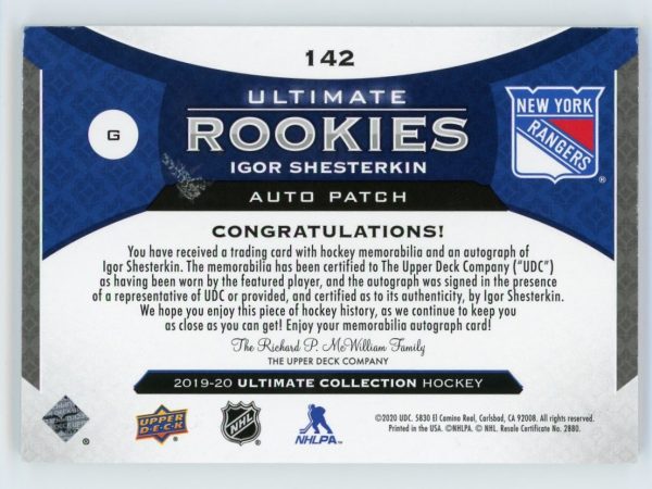 Igor Shesterkin 2019-20 UD Ultimate Rookies Auto Patch 41/99 #142