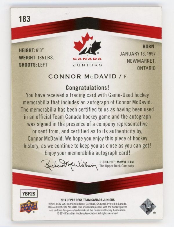 Connor McDavid 2014 Upper Deck Team Canada Juniors Auto Patch 122/125 #183 (Pre-Rookie)