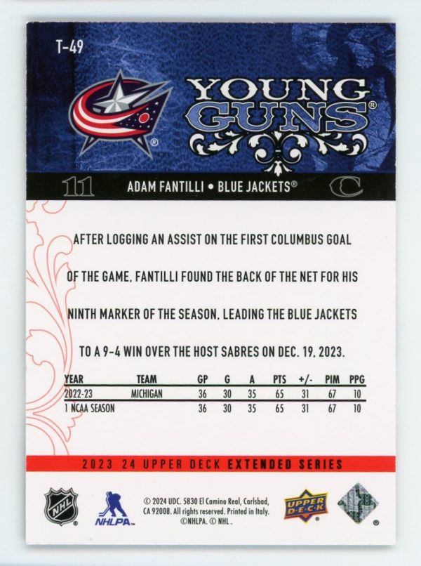 Adam Fantilli 2023-24 Upper Deck Retro Young Guns Exclusives /100 #T-49