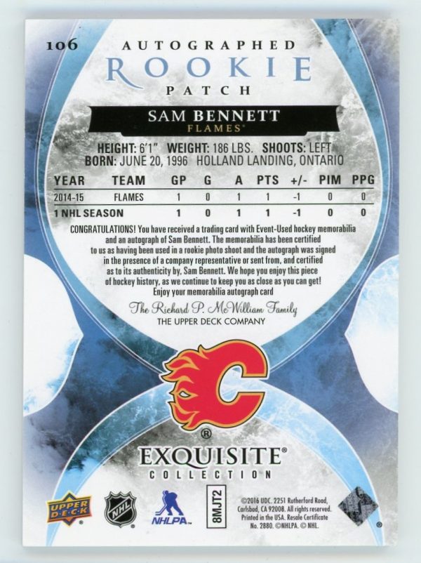 Sam Bennett 2015-16 UD Exquisite Rookie Patch Auto 91/93 #106