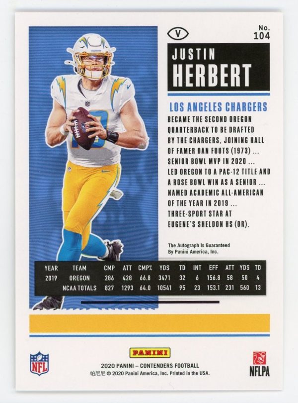 Justin Herbert 2020 Panini Contenders Football Rookie Ticket Auto #104