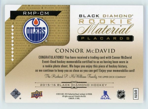 Connor McDavid 2015-16 Black Diamond Rookie Material Placards Patch 01/25