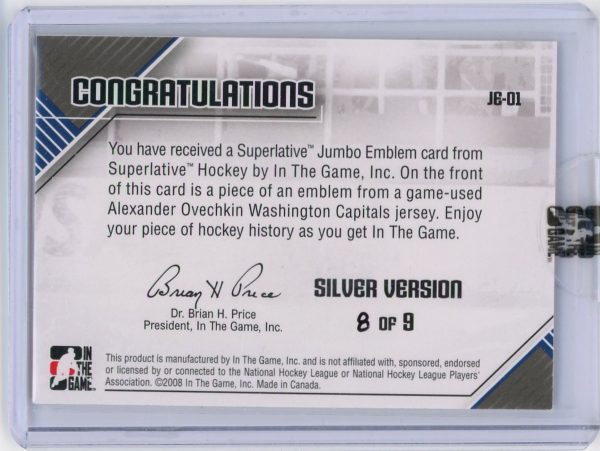 Alex Ovechkin 2008 ITG Superlative Jumbo Emblem 8/9 JSY #'d!