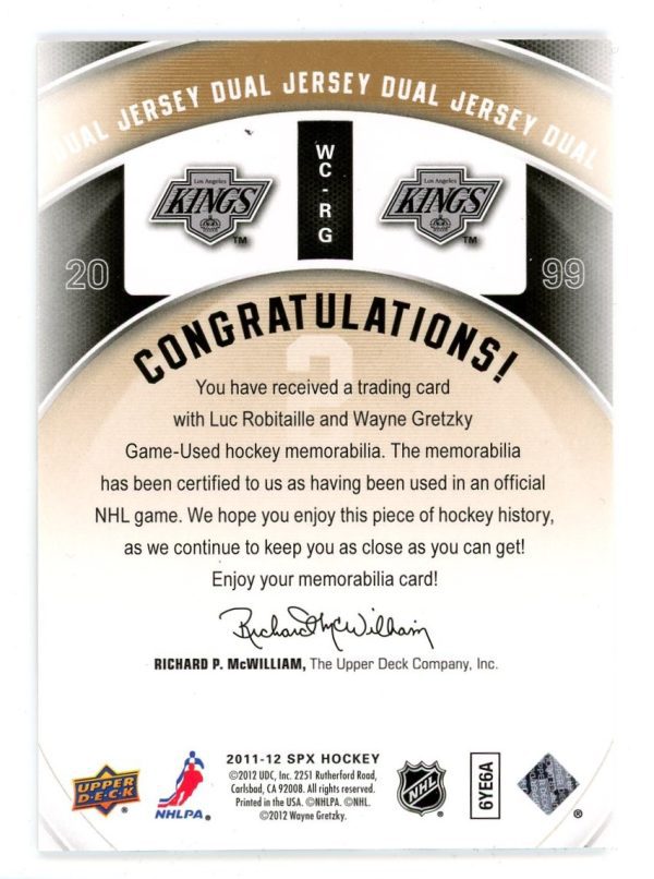 Gretzky/Robitaille 2011-12 SPx Winning Combos Jersey #WC-RG