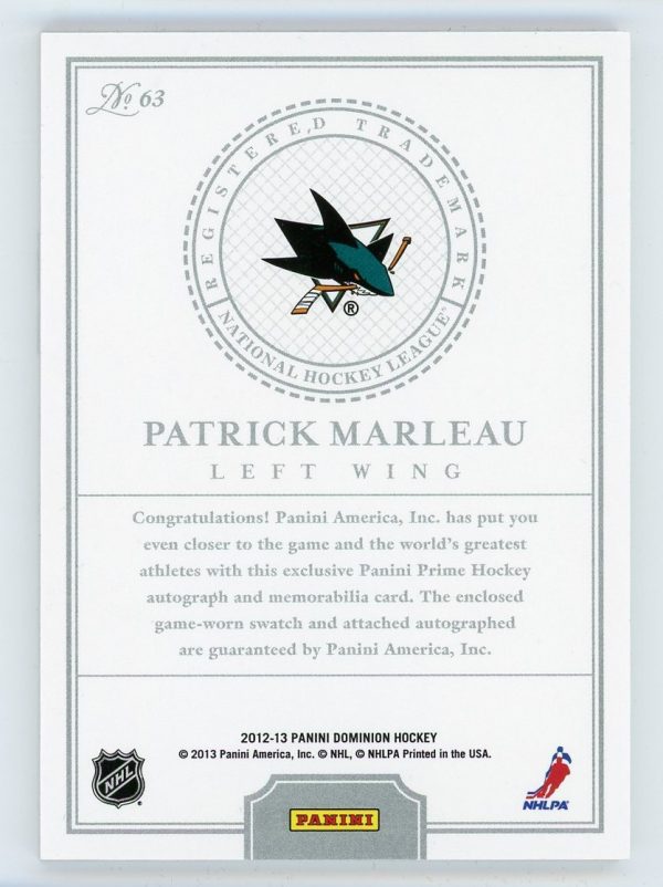 Patrick Marleau 2012-13 Panini Dominion Patch Auto 22/60 Card #63