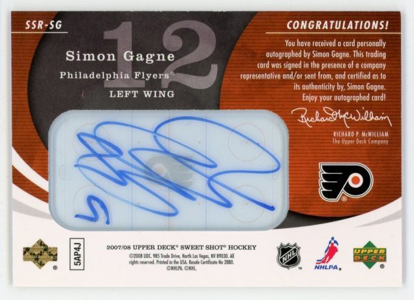 Simon Gagne 2007-08 UD Sweet Shot Signature Shots Ice Signings 095/100