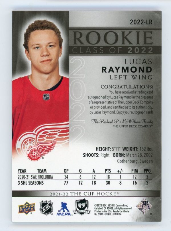 Lucas Raymond 2021-22 The Cup Rookie Class Of 2022 Auto 2/5 RC #2022-LR