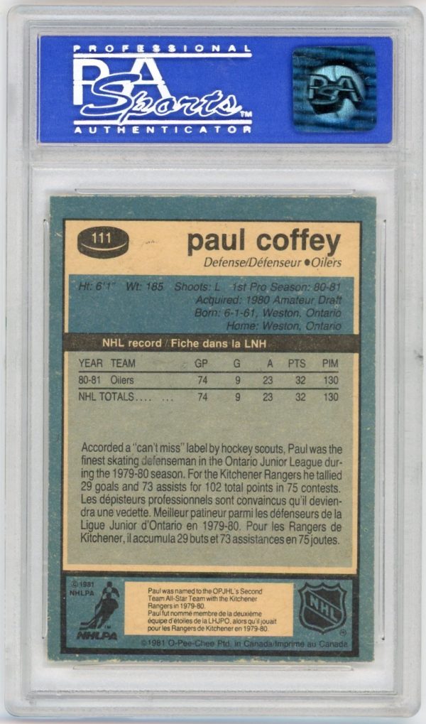 Paul Coffey 1981-82 O-Pee-Chee Rookie Card #111 PSA 8 (Print Defect)