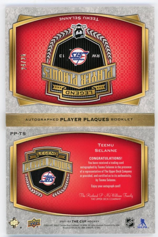 Teemu Selanne 2021-22 The Cup Legend Player Plaques Booklet Auto 24/25