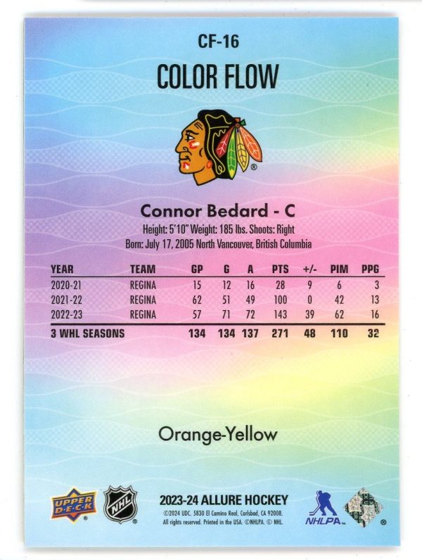 Connor Bedard 2023-24 Upper Deck Allure Color Flow Orange-Yellow RC #CF-16