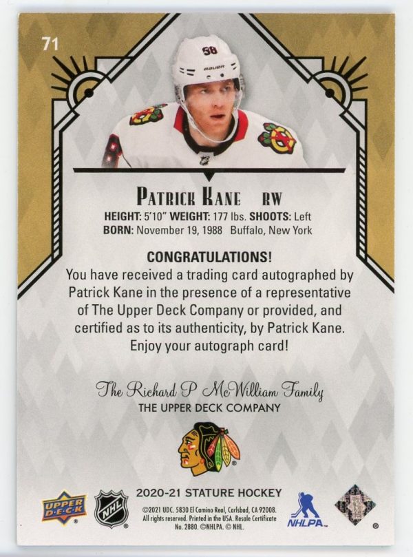 Patrick Kane 2020-21 Upper Deck Stature Blue Auto 4/5 Card #71