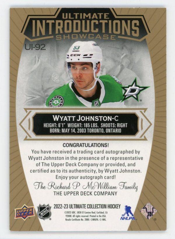 Wyatt Johnston 2022-23 Ultimate Introductions Showcase Auto RC #UI-92