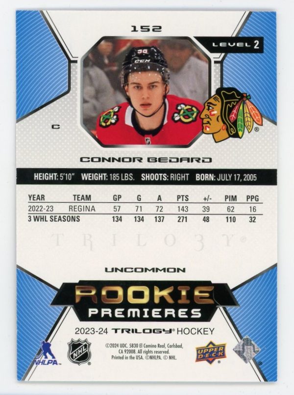 Connor Bedard 2023-24 Trilogy Rookie Premieres Level 2 /699 RC #152