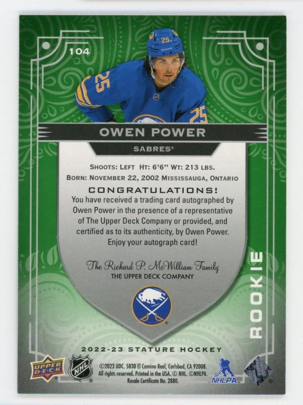 Owen Power 2022-23 Upper Deck Stature Rookie Auto 45/65 #104