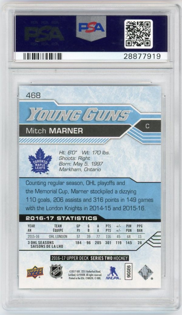 Mitch Marner 2016-17 Upper Deck Young Guns Rookie Card #468 PSA 10