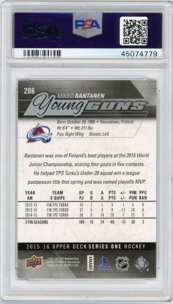 Mikko Rantanen 2015-16 Upper Deck Young Guns Rookie Card #206 PSA 10