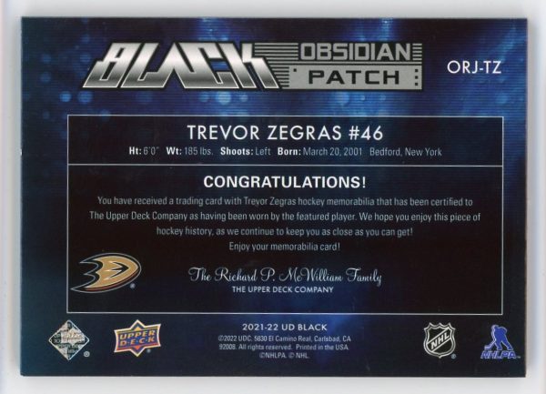 Trevor Zegras 2021-22 SPx Obsidian Patch Rookies 30/35 #ORJ-TZ