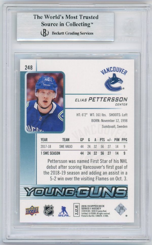 Elias Pettersson 2018-19 Upper Deck Young Guns Rookie Card #248 BGS 9