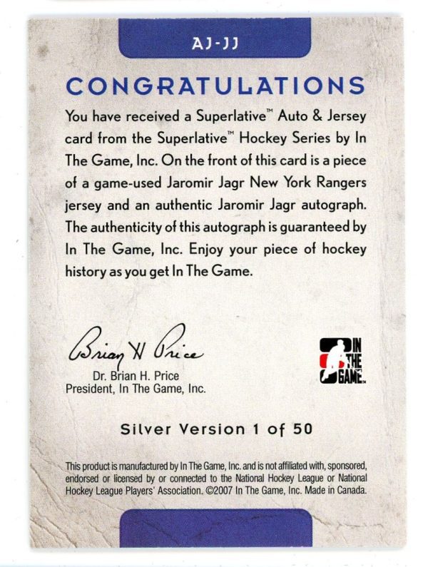 Jaromir Jagr 2006-07 ITG Superlative Auto & Jersey /50 Card #AJJJ