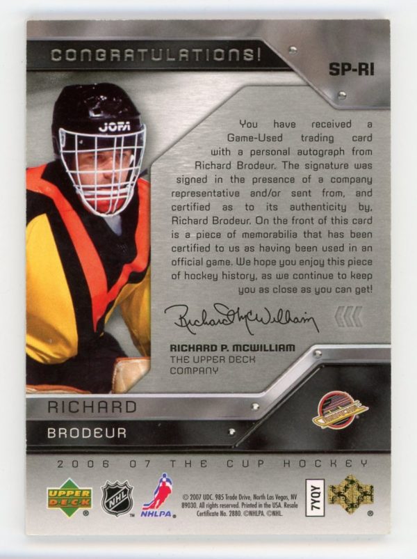 Richard Brodeur 2006-07 Upper Deck The Cup Signature Patches Patch Auto 22/75