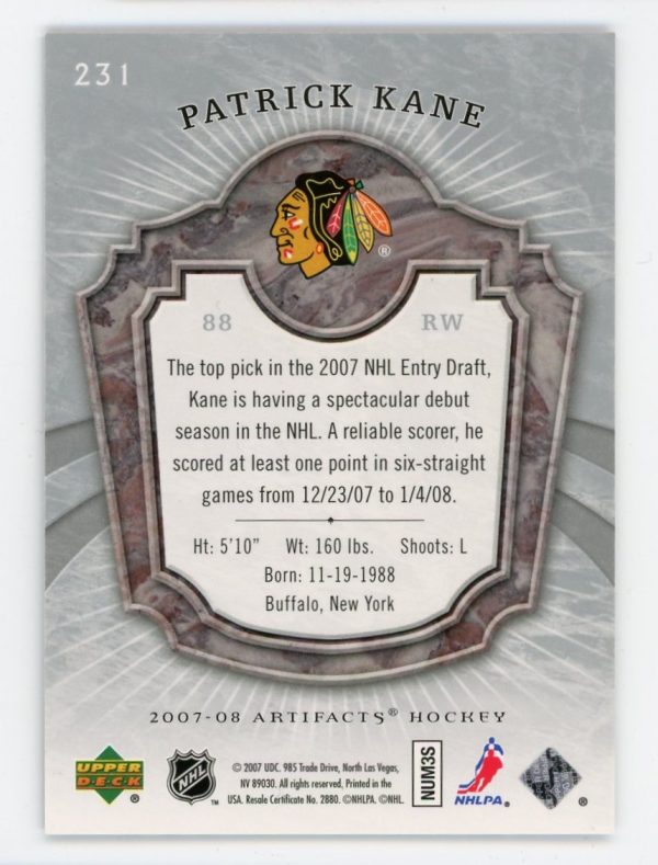 Patrick Kane 2007-08 Upper Deck Artifacts Rookie Card /100 #231