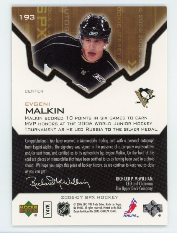 Evgeni Malkin 2006-07 SPx Rookie Jersey Auto 08/25 Card #193