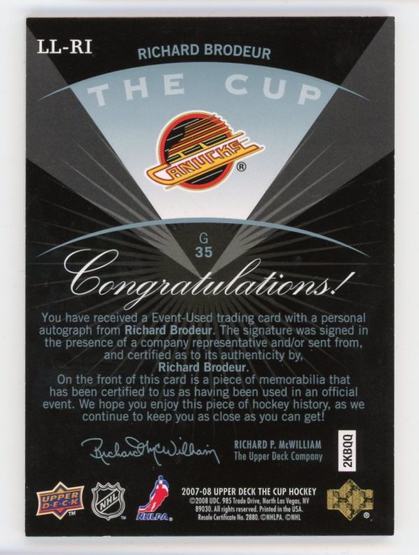 Richard Brodeur 2007-08 UD The Cup Limited Logos Patch Auto 27/50