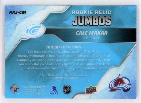 Cale Makar 2019-20 Upper Deck ICE Rookie Relic Jumbos 015/199 #RRJ-CM