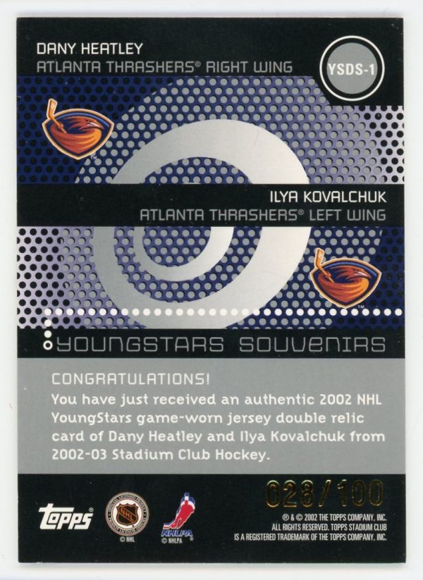 Heatley/Kovalchuk 2002-03 Topps Stadium Club Youngstars Souvenirs Jersey 028/100