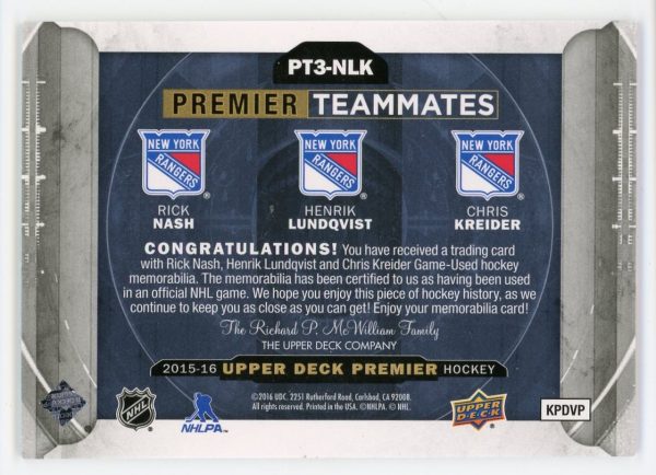 Nash/Lundqvist/Kreider 2015-16 Premier Teammates 17/99 #PT3-NLK