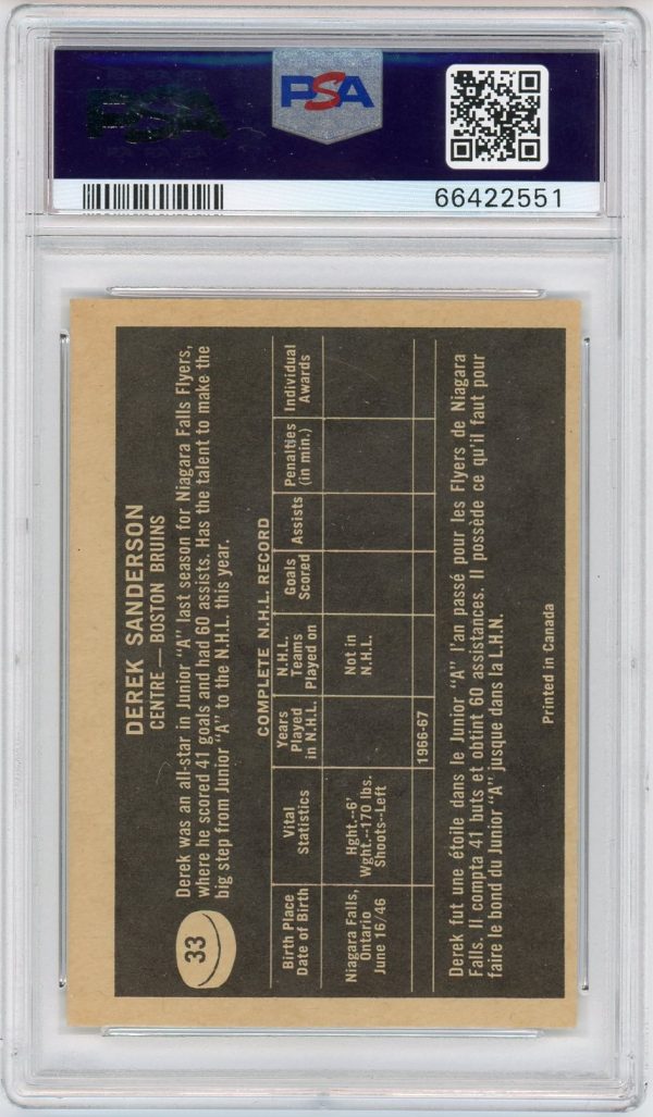 Derek Sanderson 1967-68 Topps Rookie Card #33 PSA 6 EX-MT