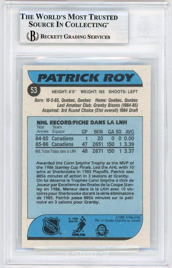 Patrick Roy 1986-87 O-Pee-Chee Rookie Card #53 BGS 8 w/ 3 9's!