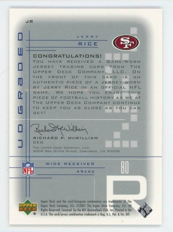 Jerry Rice 2001 Upper Deck UD Graded Jersey Card #JR