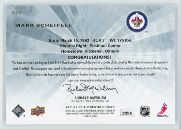 Mark Scheifele 2011-12 SP Authentic Future Watch Auto Patch 002/100 #228