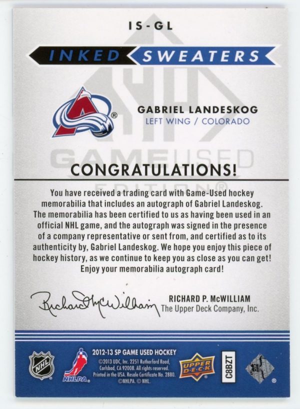 Gabriel Landeskog 2012-13 SPGU Inked Sweaters Auto 83/99 #IS-GL